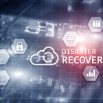 Digital grid highlighting disaster recovery icons with an emphasis on cloud storage and protection.