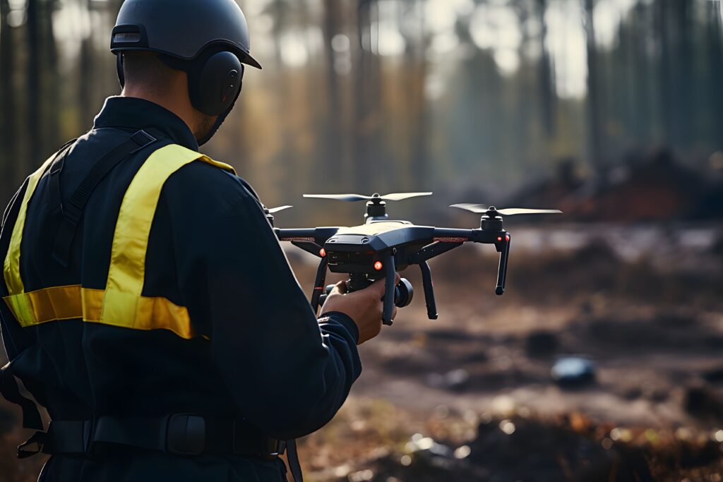 A public safety officer operating a drone in a forested area.