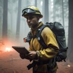 A firefighter holding a tablet amidst a foggy forest, ready to combat wildfires with advanced technology.