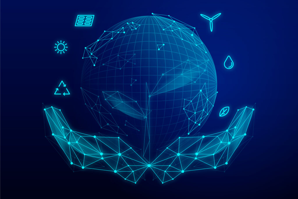 Digital visualization of Earth with interconnected nodes and symbols representing various climate technologies.