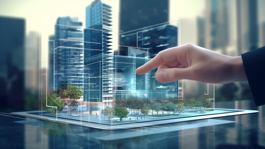 Hand interacting with a holographic display of a modern building showcasing advanced technology.