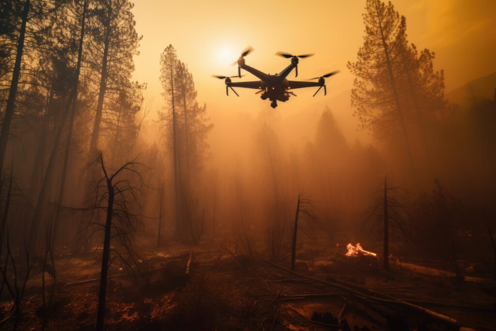 drone equipped with early smoke detection cameras flying into forest fire