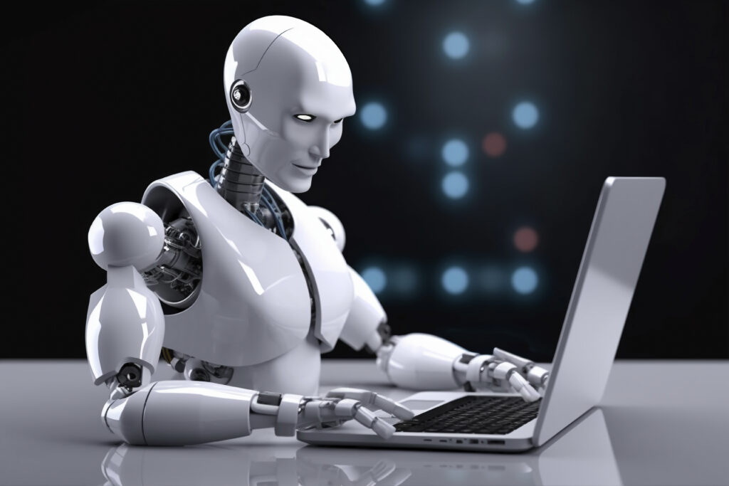 Advanced humanoid robot analyzing data on a laptop with a futuristic interface.