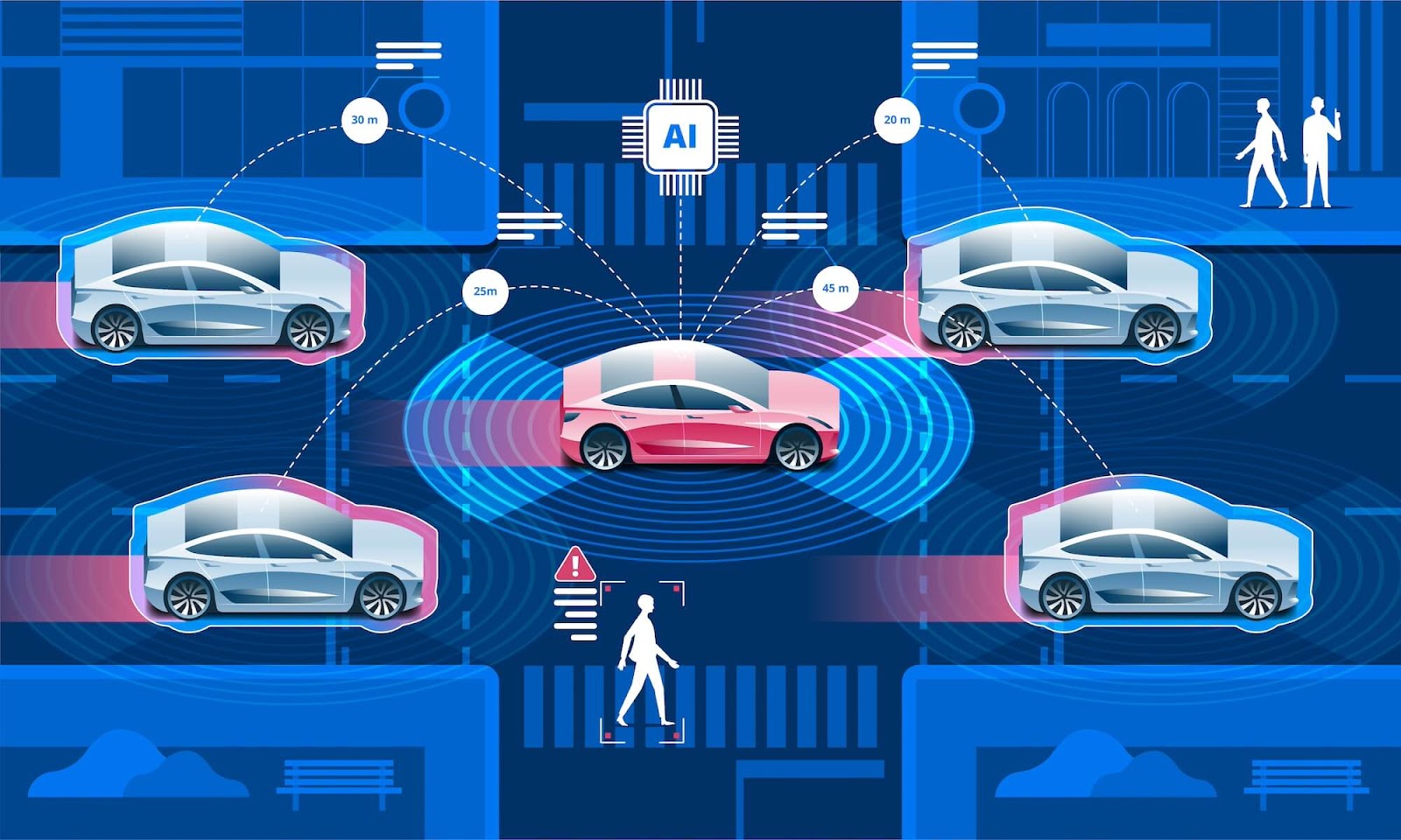 Digital illustration of autonomous cars on a smart city street, interconnected through AI, with distance measurements and communication lines showing real-time data exchange for pedestrian safety and traffic management.