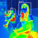 Thermal camera image capturing people sitting in a public space, with varying heat signatures displayed in a spectrum from blue (cooler) to red (warmer). Individual temperatures are highlighted, with the highest reading at 36.8°C, indicating the technology's use in monitoring body temperature