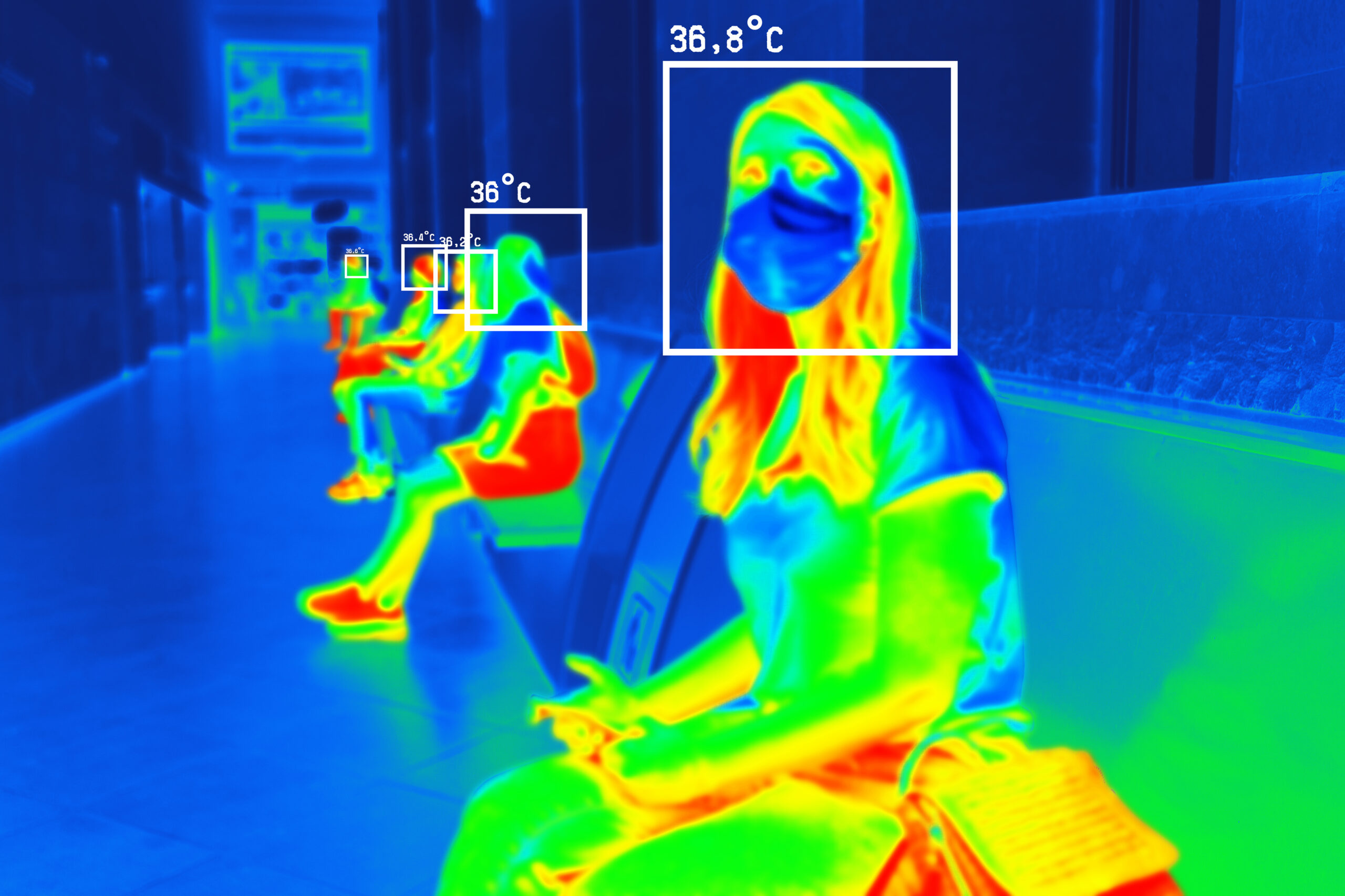 Thermal camera image capturing people sitting in a public space, with varying heat signatures displayed in a spectrum from blue (cooler) to red (warmer). Individual temperatures are highlighted, with the highest reading at 36.8°C, indicating the technology's use in monitoring body temperature