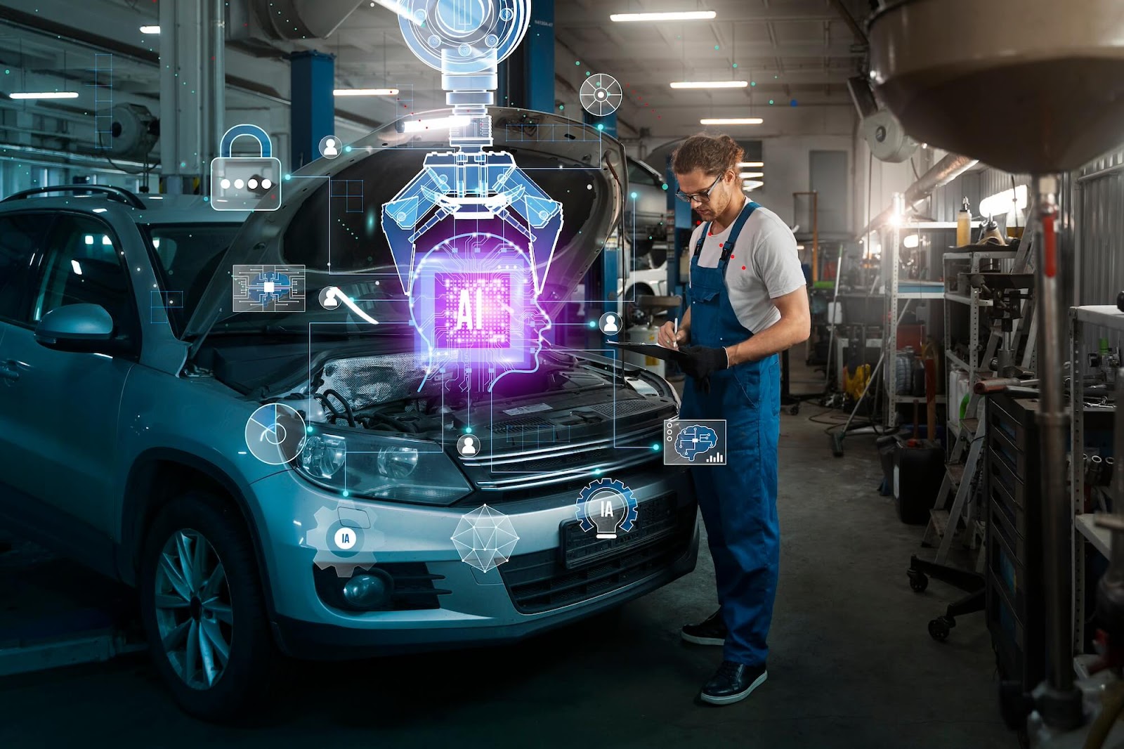 A mechanic using AI technology to diagnose and service a car, with holographic displays of artificial intelligence interfaces and digital icons overlaying the open hood of the vehicle in a modern automotive workshop.