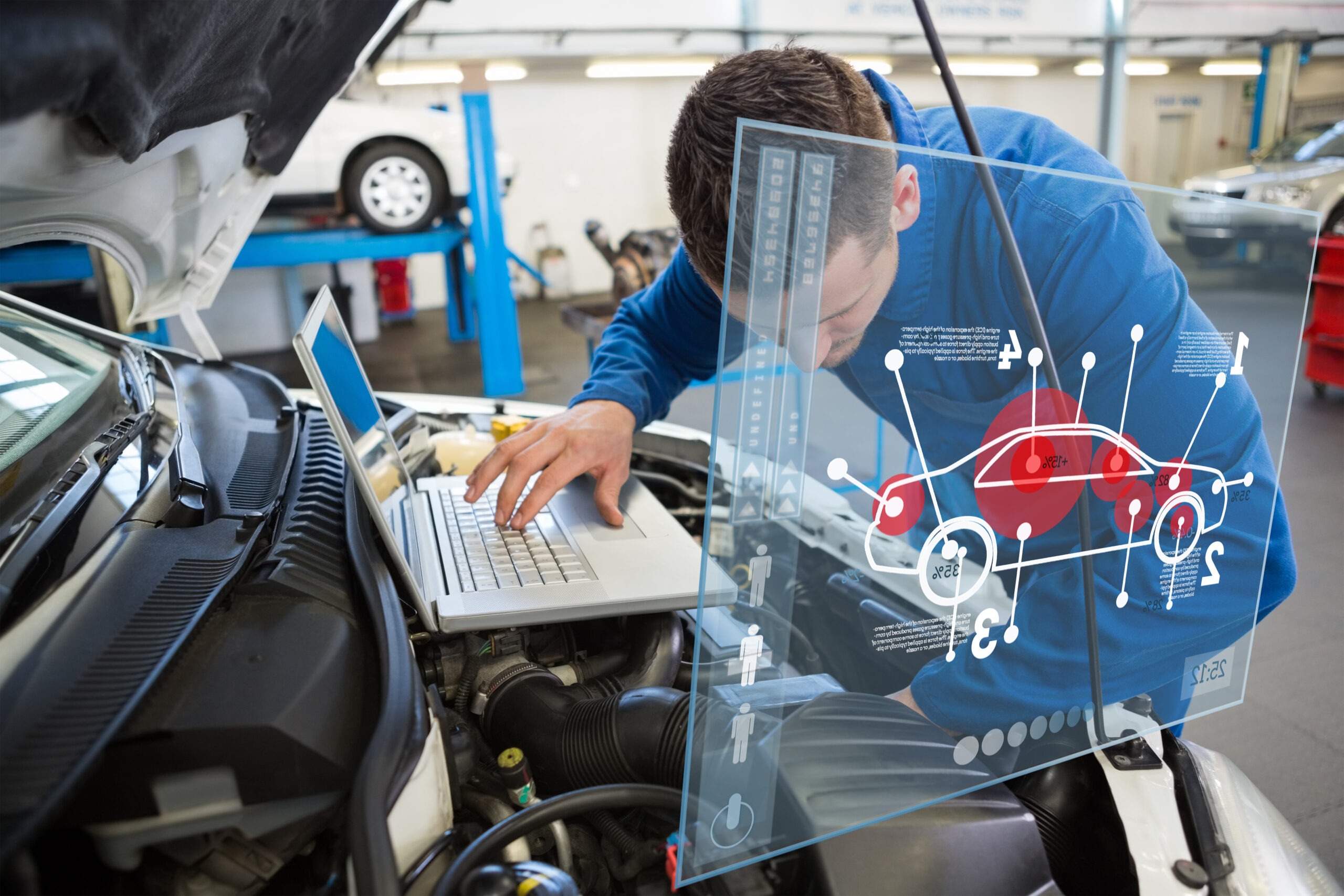 A mechanic in a workshop is analyzing a car engine with the help of advanced digital diagnostic interfaces that display various vehicle metrics and data points, symbolizing the integration of technology in vehicle maintenance.