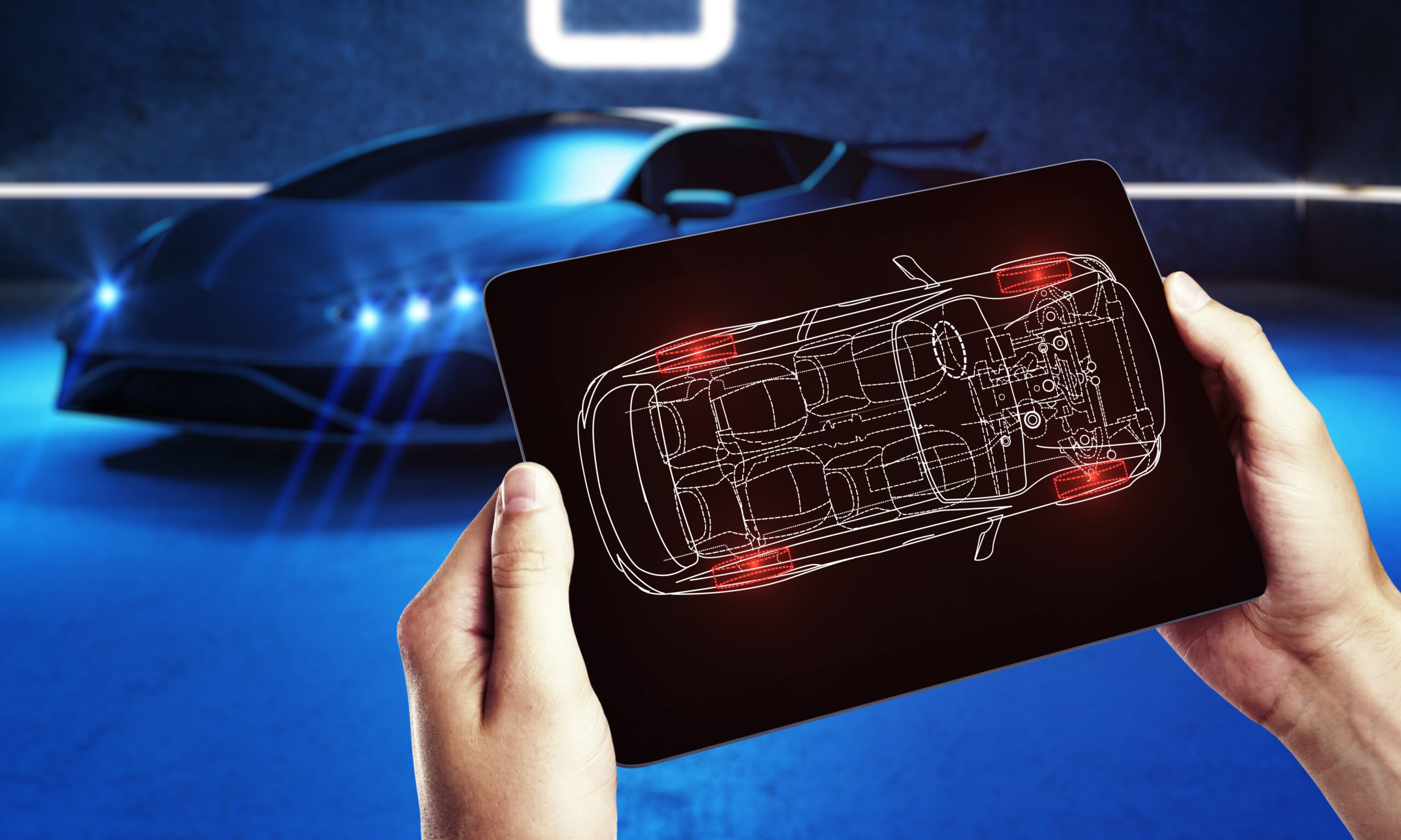 Hands holding a tablet displaying a schematic overlay of a car's internal systems with a futuristic vehicle illuminated in the background, symbolizing advanced transport diagnostics technology.