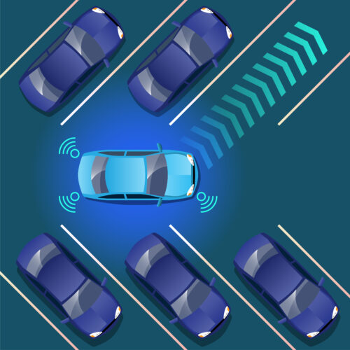 Isometric graphic of a blue car using sensor technology to autonomously maneuver into a parking space between other vehicles, illustrating advanced driver-assistance systems for parking.