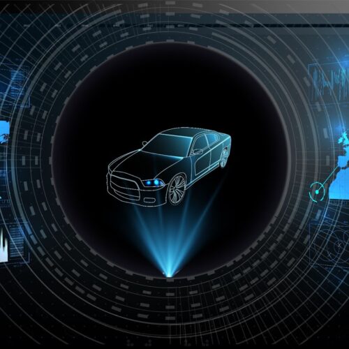 Futuristic graphic of a holographic car projection with digital interface elements, including global positioning maps and data analytics, showcasing high-tech vehicle monitoring and diagnostics in a dark, immersive interface.