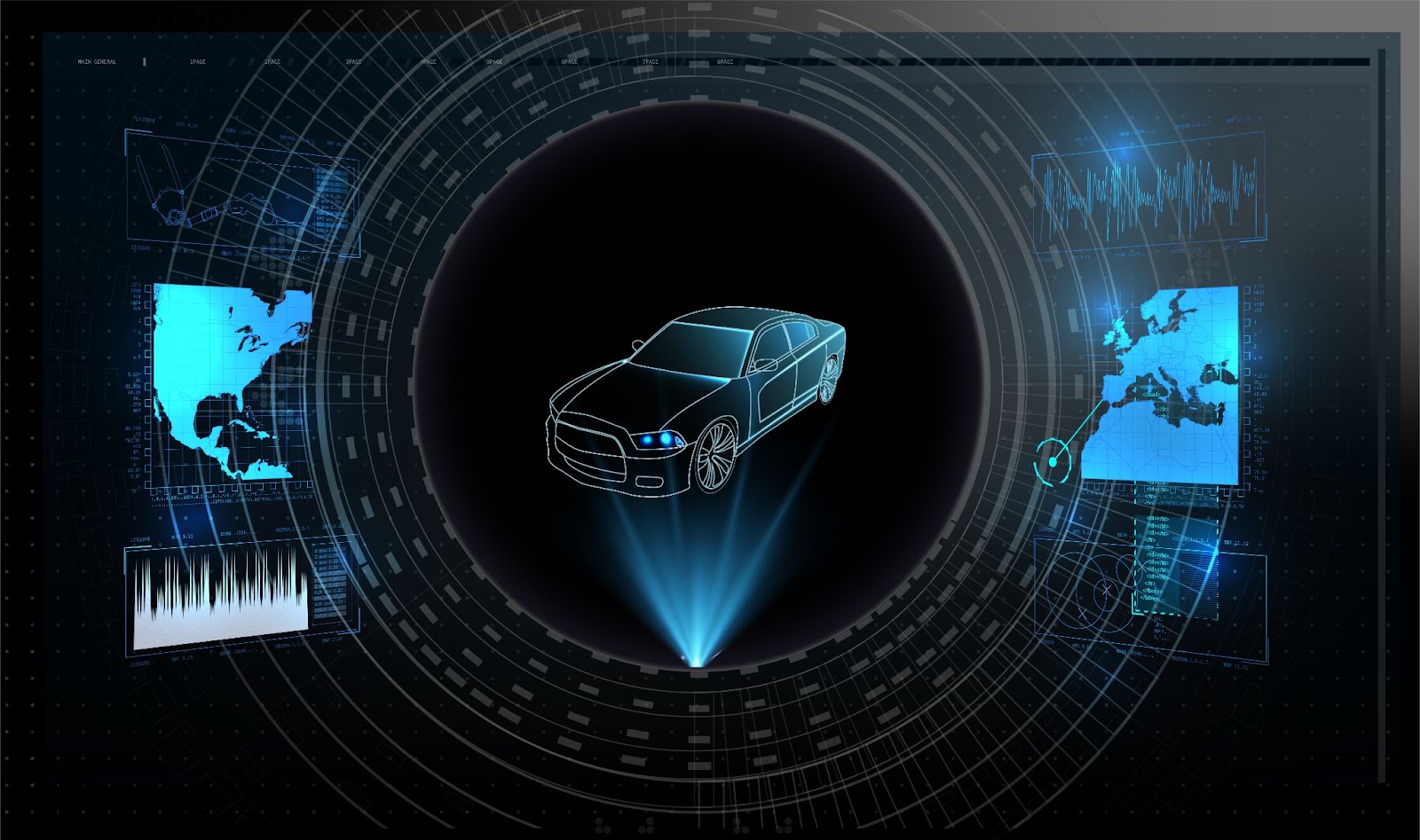 Futuristic graphic of a holographic car projection with digital interface elements, including global positioning maps and data analytics, showcasing high-tech vehicle monitoring and diagnostics in a dark, immersive interface.