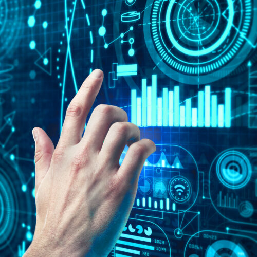 A hand touching a holographic interface with data analytics visualization, symbolizing Entrapeer's innovative approach to market research for startups as discussed in the blog titled '4 Ways Entrapeer Revolutionizes Market Research for Startups'