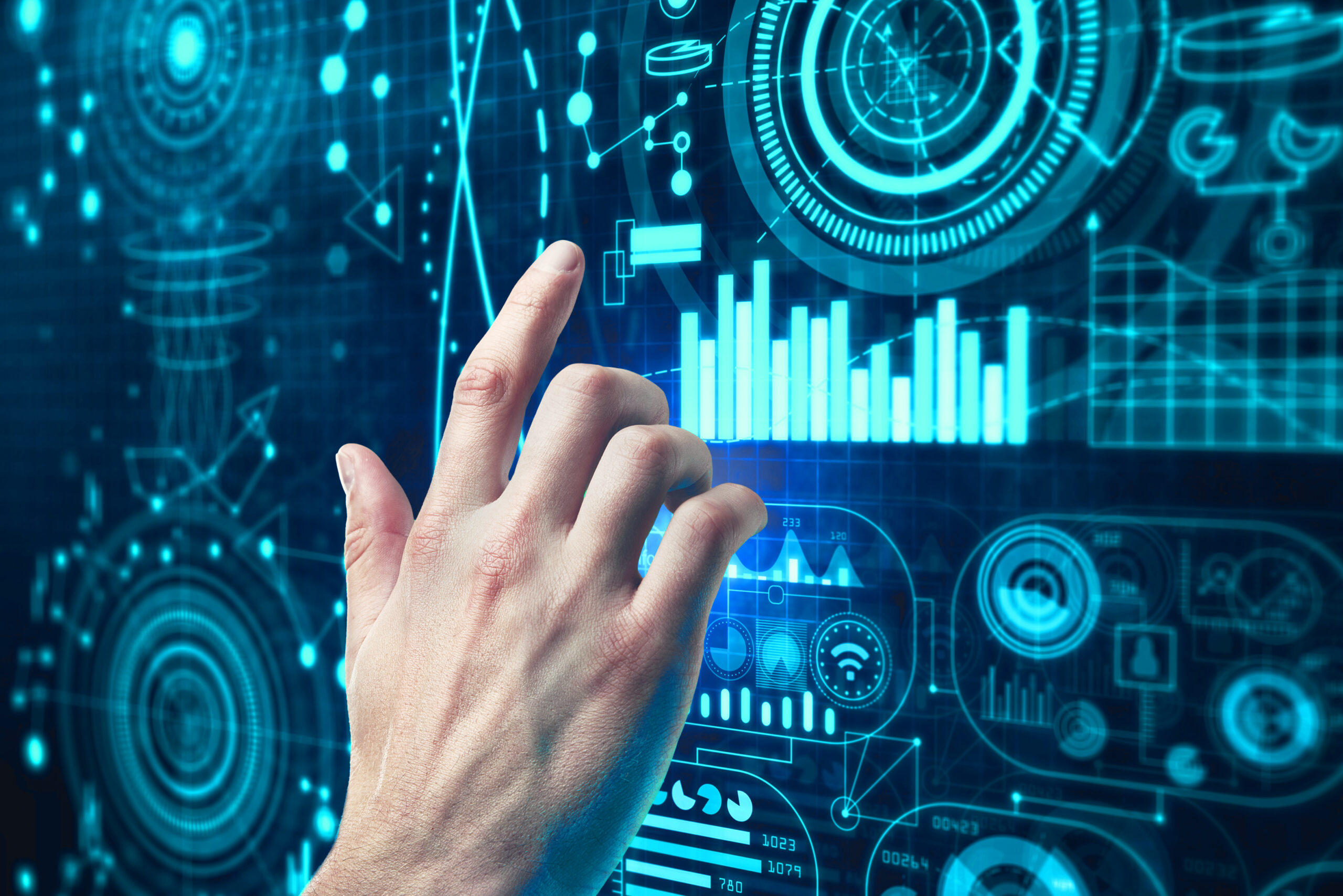 A hand touching a holographic interface with data analytics visualization, symbolizing Entrapeer's innovative approach to market research for startups as discussed in the blog titled '4 Ways Entrapeer Revolutionizes Market Research for Startups'