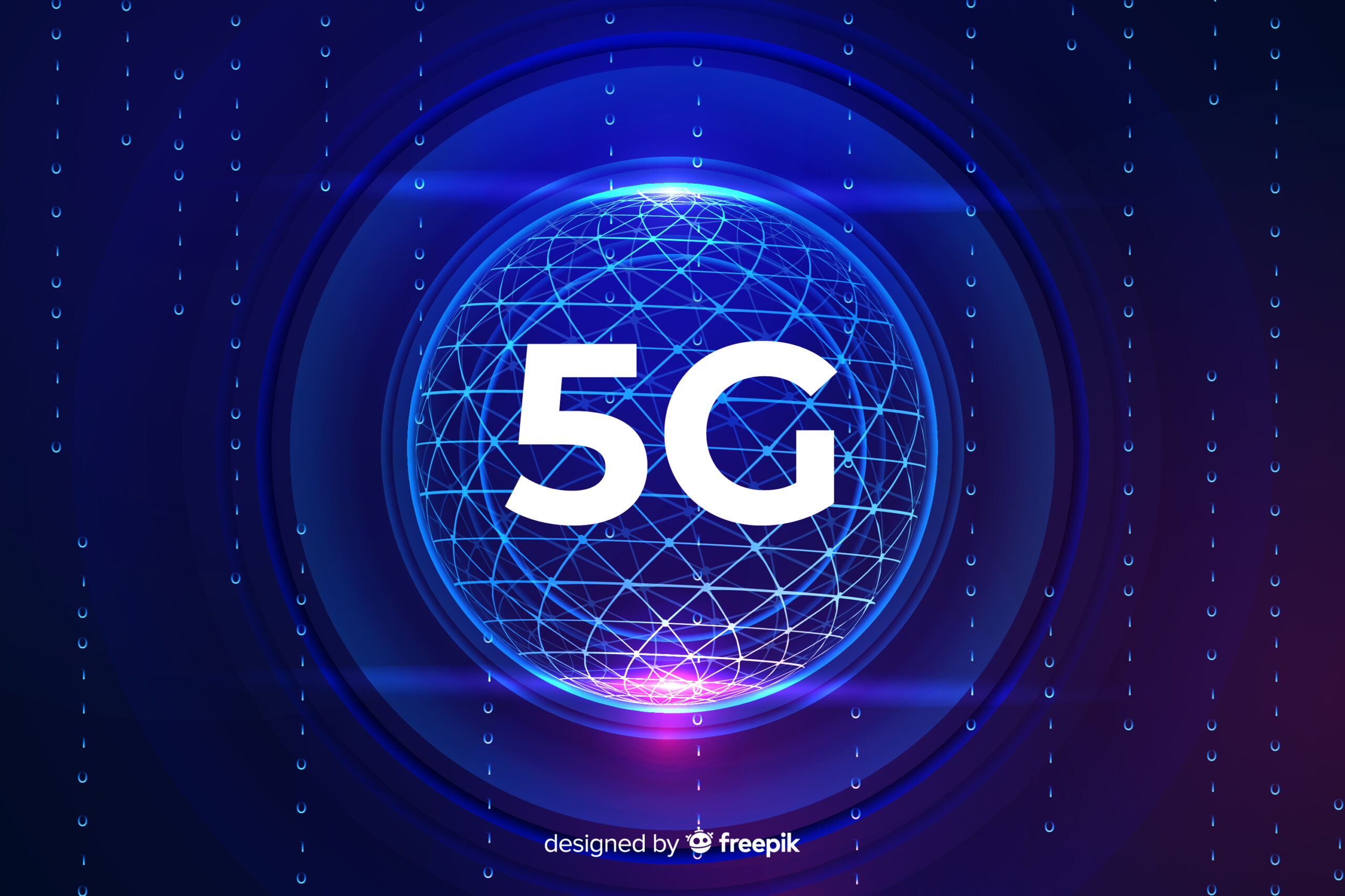 Graphic of a glowing blue and purple 5G symbol within a network globe, representing advanced telecommunications and connectivity technology. The image features a futuristic design with digital lines and dots, highlighting the concept of high-speed wireless communication.