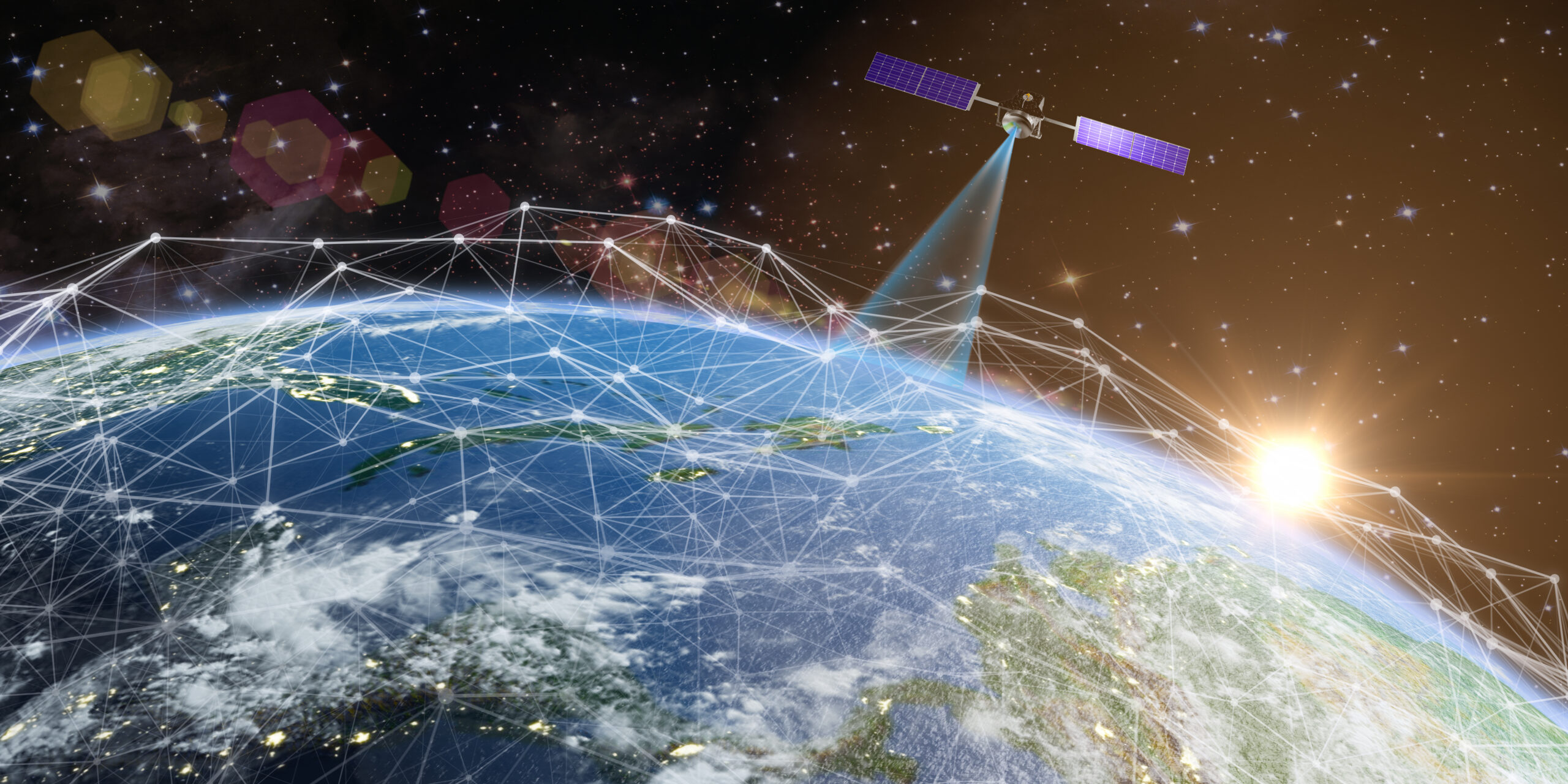 A Low Earth Orbit (LEO) satellite beaming signals to Earth, illustrating the extensive network and global coverage enabled by LEO satellite systems, with a view of the interconnected world below.