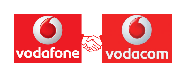 Logos of Vodafone and Vodacom with a handshake icon between them, symbolizing a partnership or collaboration between the two companies.