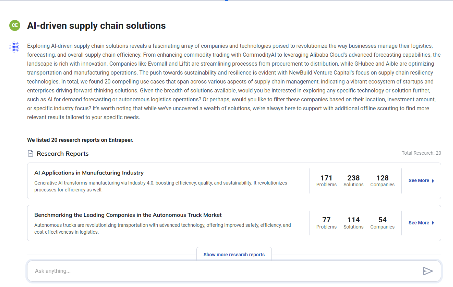 Screenshot of Entrapeer's AI-driven supply chain solutions page displaying research reports, including AI Applications in Manufacturing Industry and Benchmarking Leading Companies in the Autonomous Truck Market, with statistics on problems, solutions, and companies.