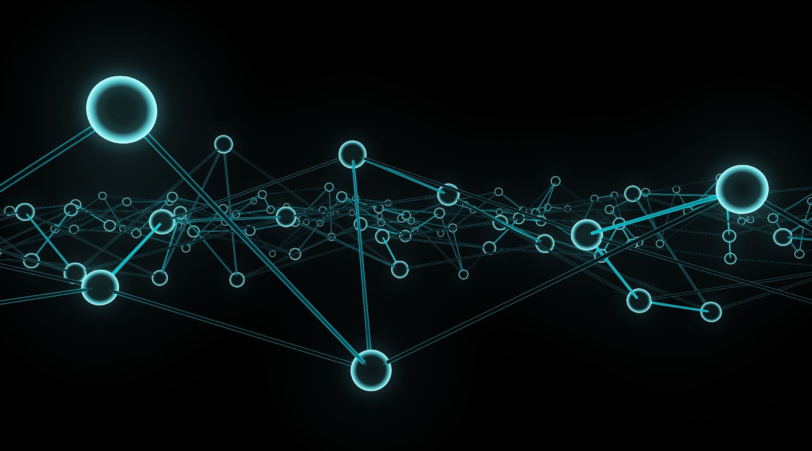 Abstract digital visualization of a connected network with glowing nodes and lines on a dark background, representing data connections and technology networks.