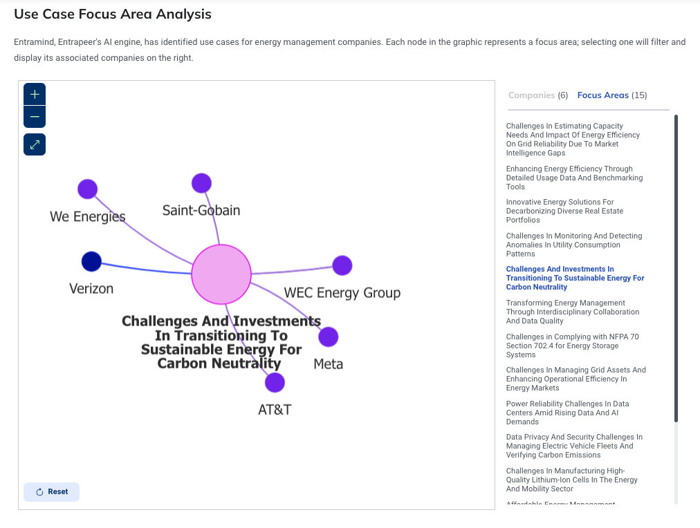 Visualization of a use case focus area analysis for energy management companies, highlighting 'Challenges and Investments in Transitioning to Sustainable Energy for Carbon Neutrality' as the central focus, with companies like Saint-Gobain, Verizon, Meta, AT&T, and WEC Energy Group linked to this focus area.