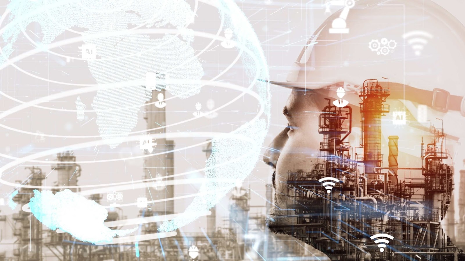 A digital representation of AI technology in the oil and gas industry, featuring a worker with a helmet, an industrial plant, and global network symbols, highlighting innovation and automation in energy production.