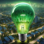 Green light bulb illuminating a futuristic cityscape, symbolizing renewable energy and sustainable urban development, with the city integrated into the bulb's interior.