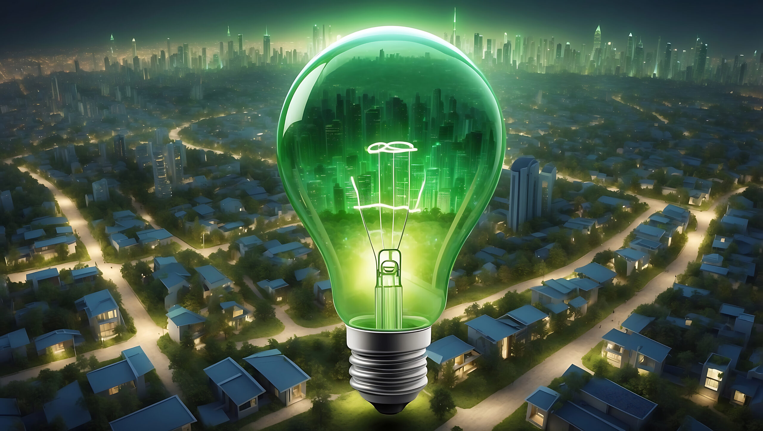 Green light bulb illuminating a futuristic cityscape, symbolizing renewable energy and sustainable urban development, with the city integrated into the bulb's interior.