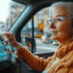 An elderly woman wearing futuristic headphones is seated inside a vehicle, interacting with a transparent, holographic tablet screen. She is dressed in a cozy knit sweater, and the surroundings outside the vehicle suggest an urban environment. The holographic display in front of her shows complex data, giving a sense of advanced technology and augmented reality.