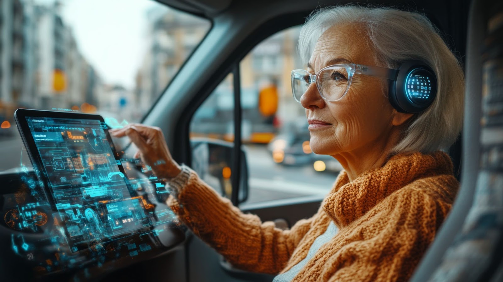 An elderly woman wearing futuristic headphones is seated inside a vehicle, interacting with a transparent, holographic tablet screen. She is dressed in a cozy knit sweater, and the surroundings outside the vehicle suggest an urban environment. The holographic display in front of her shows complex data, giving a sense of advanced technology and augmented reality.