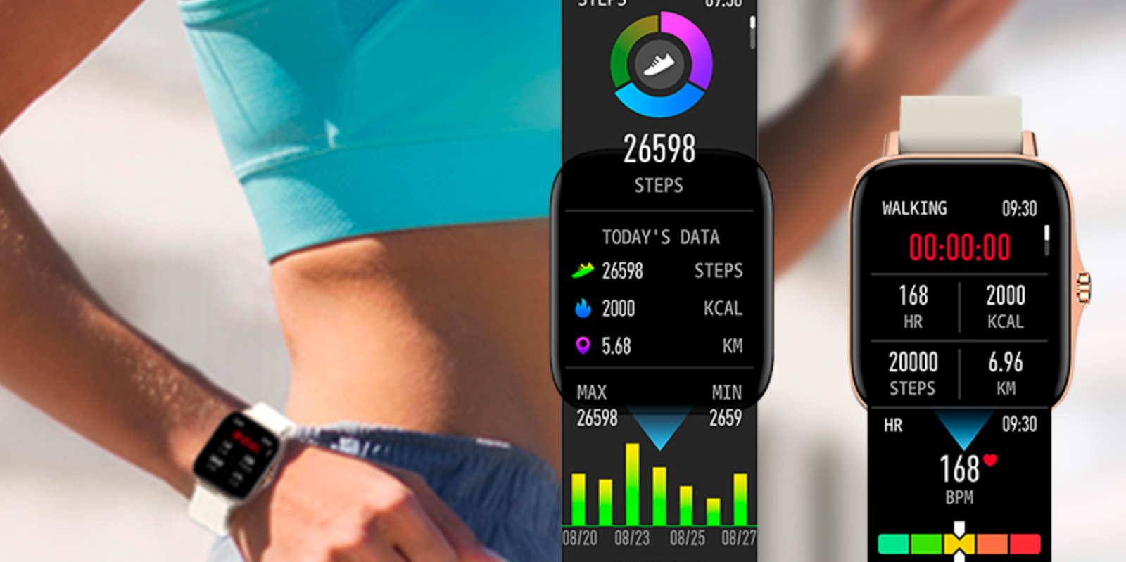 A fitness smartwatch displaying health monitoring data, including heart rate, step count, and calories burned, illustrating the integration of wearable technology in heartbeat and gait analysis.