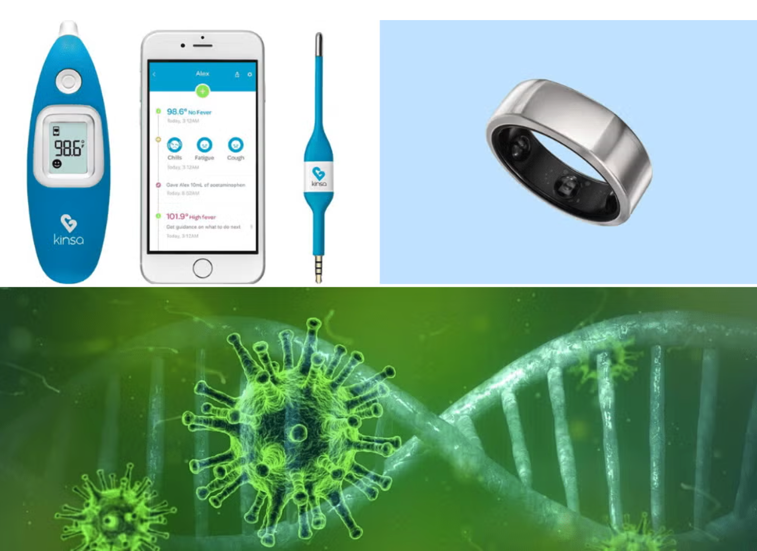 A selection of wearable health technology devices, including a smart thermometer, mobile app, and health monitoring ring, alongside a DNA and virus graphic, highlighting the role of digital biomarkers in detecting illnesses like COVID-19.