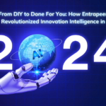 A futuristic AI-themed image featuring a robotic hand holding a glowing digital globe, symbolizing Entrapeer’s transformation in innovation intelligence in 2024.