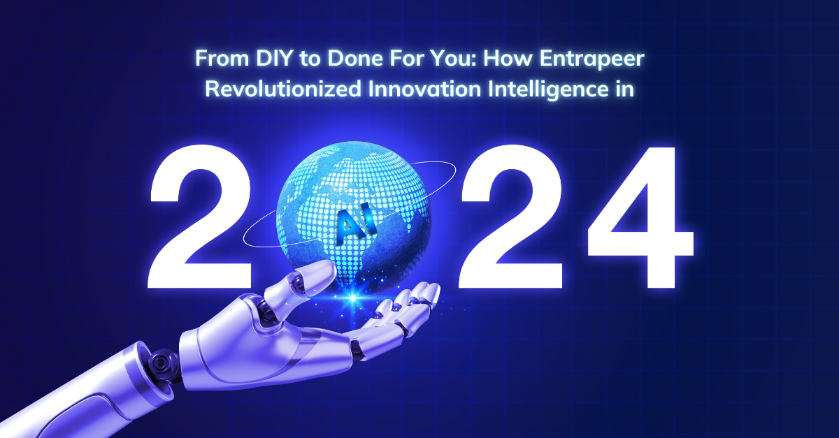 A futuristic AI-themed image featuring a robotic hand holding a glowing digital globe, symbolizing Entrapeer’s transformation in innovation intelligence in 2024.